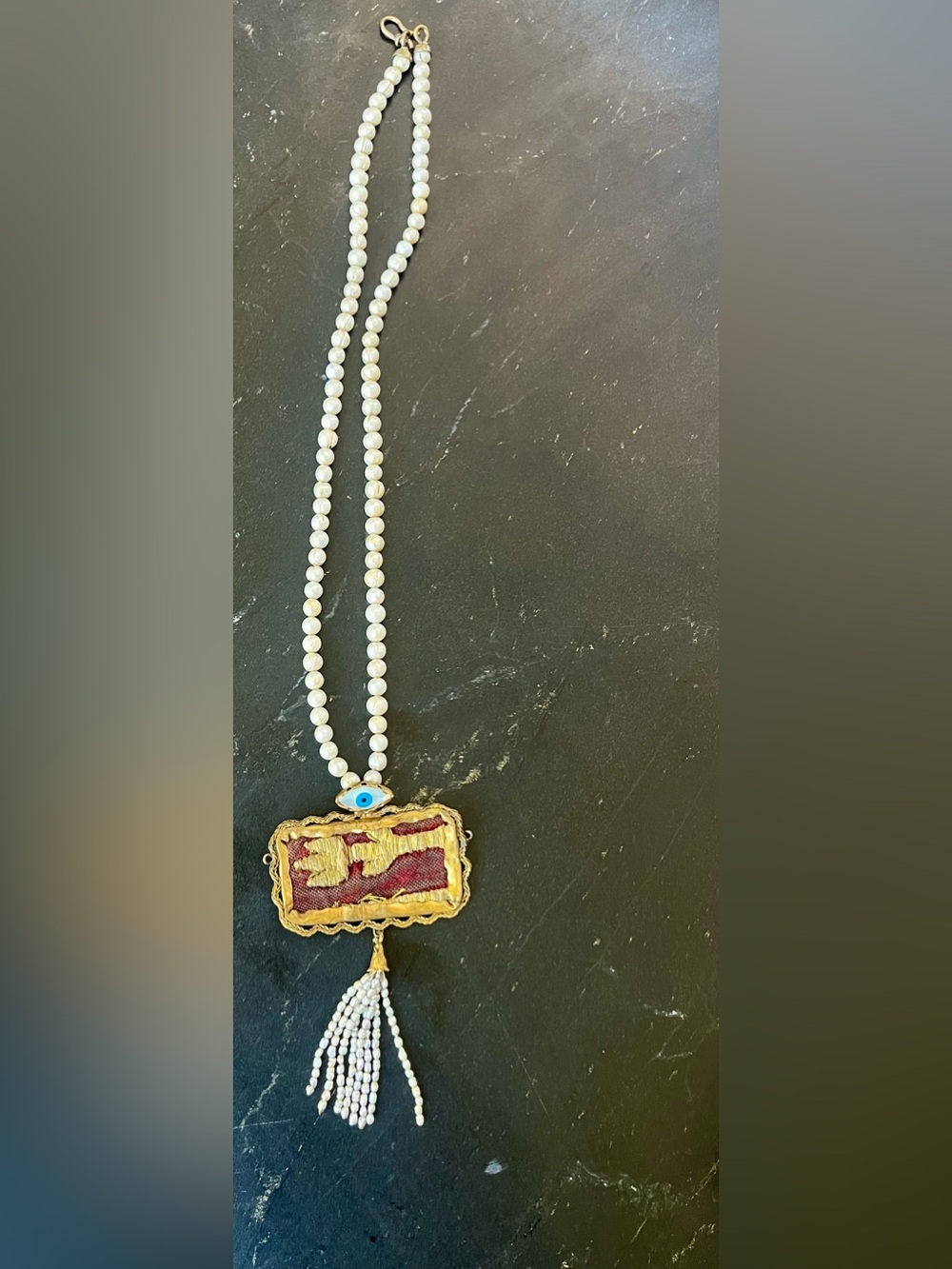 Necklace opera length pearl with evil eye